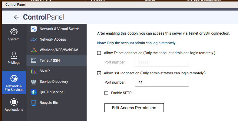 Enable SSH on QNAP