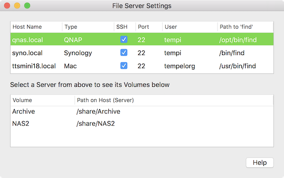 Window with Settings for File Servers